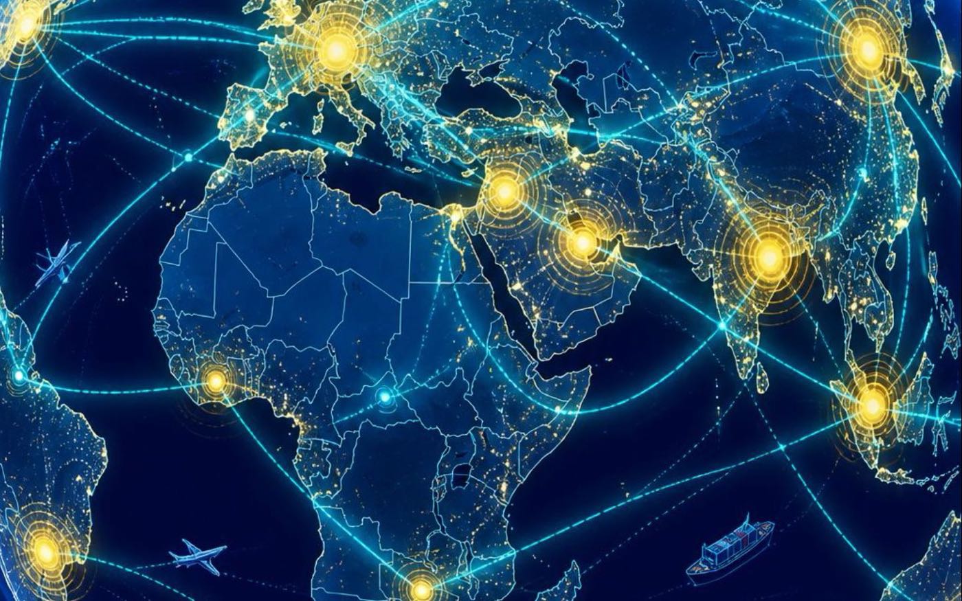 Illuminated trade network across Europe, Africa and Asia
