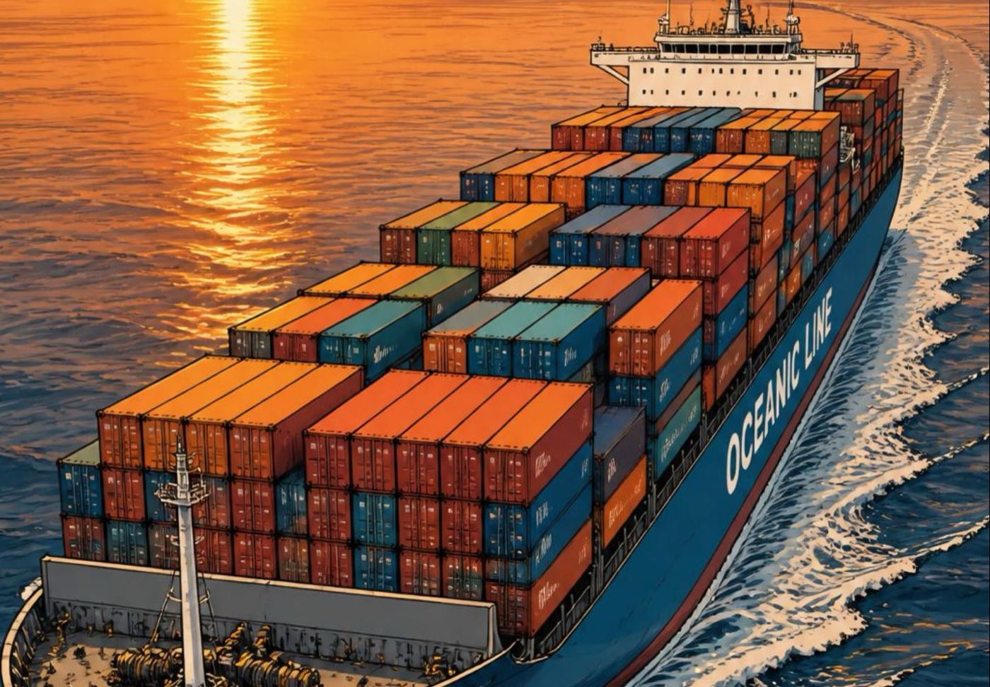 Container ship at sea at sunset