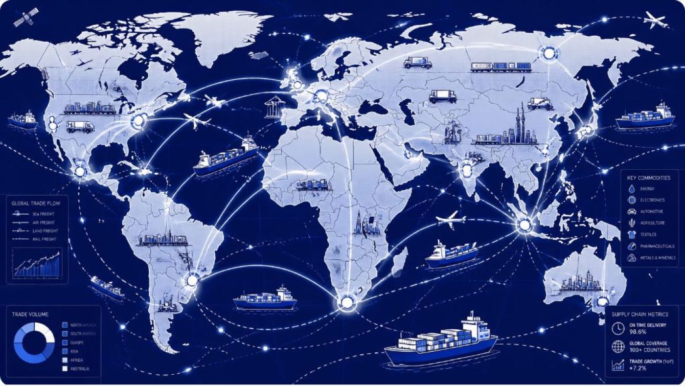 Map of global trade routes connecting ports and markets