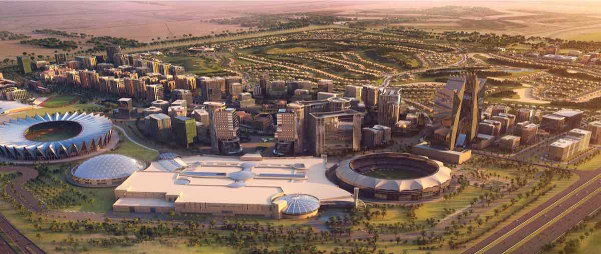 Aerial view of a stadium and sports district